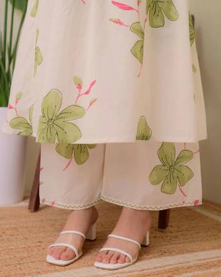 Off white floral printed cotton kurta and palazzo set 5