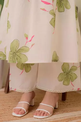 Off white floral printed cotton kurta and palazzo set