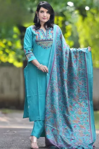 Sky blue embroidered cotton flex kurta and pant set with dupatta