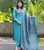 Sky blue embroidered cotton flex kurta and pant set with dupatta