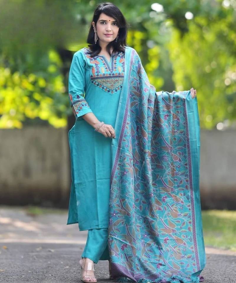 Sky blue embroidered cotton flex kurta and pant set with dupatta