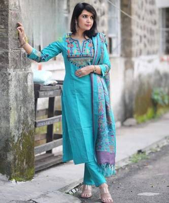 Sky blue embroidered cotton flex kurta and pant set with dupatta 2