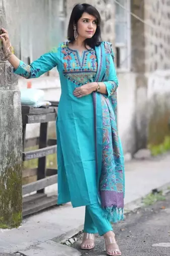 Sky blue embroidered cotton flex kurta and pant set with dupatta