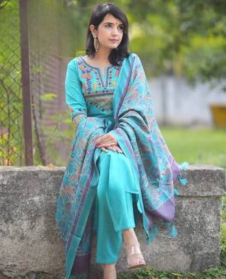 Sky blue embroidered cotton flex kurta and pant set with dupatta 3