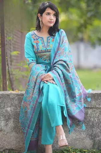 Sky blue embroidered cotton flex kurta and pant set with dupatta