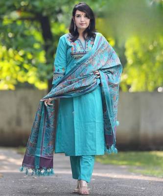Sky blue embroidered cotton flex kurta and pant set with dupatta 4