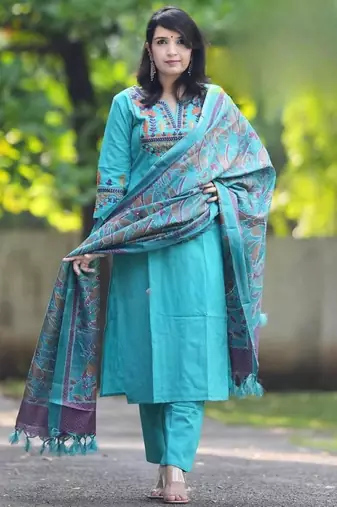 Sky blue embroidered cotton flex kurta and pant set with dupatta
