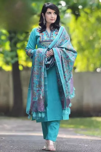 Sky blue embroidered cotton flex kurta and pant set with dupatta