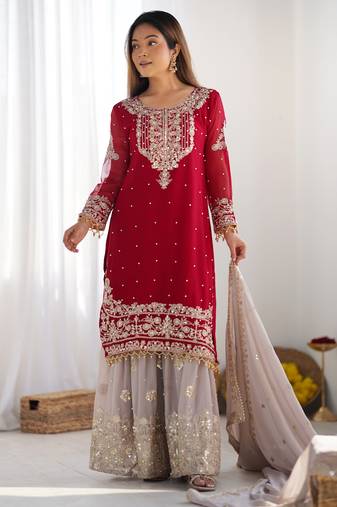 New Designer Heavy Georgette Palazzo Suit Set Party Wear Sharara Suit Set 