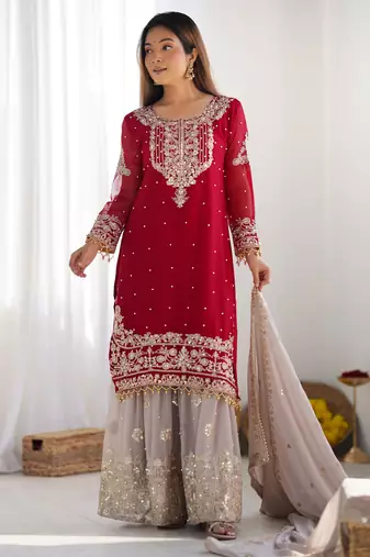 New Designer Heavy Georgette Palazzo Suit Set Party Wear Sharara Suit Set 