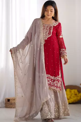 New Designer Heavy Georgette Palazzo Suit Set Party Wear Sharara Suit Set 