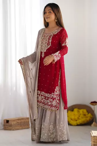 New Designer Heavy Georgette Palazzo Suit Set Party Wear Sharara Suit Set 