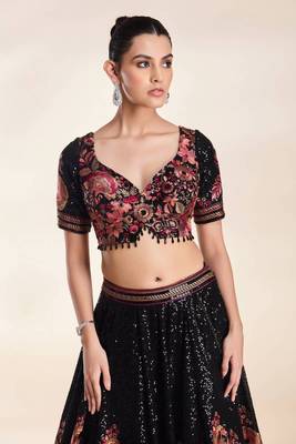 Black Color Thread Embroidery And Sequins Work Faux Georgette Lehenga Choli 2