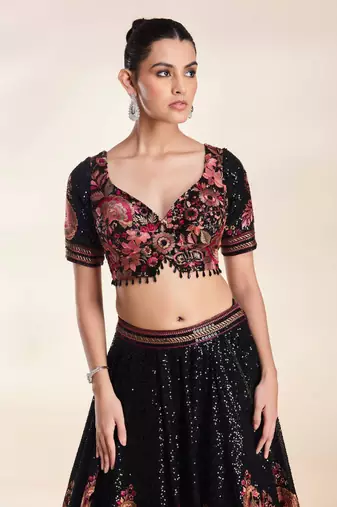 Black Color Thread Embroidery And Sequins Work Faux Georgette Lehenga Choli