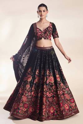 Black Color Thread Embroidery And Sequins Work Faux Georgette Lehenga Choli 1