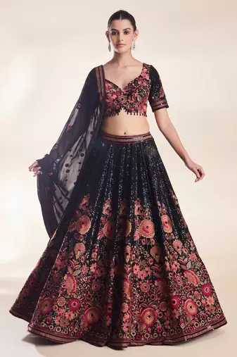 Black Color Thread Embroidery And Sequins Work Faux Georgette Lehenga Choli
