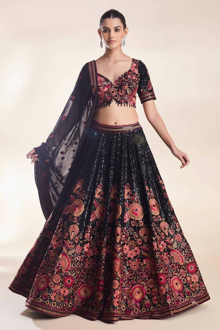 Black Color Thread Embroidery And Sequins Work Faux Georgette Lehenga Choli
