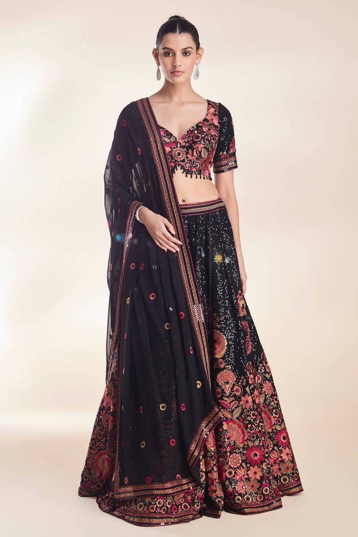 Black Color Thread Embroidery And Sequins Work Faux Georgette Lehenga Choli