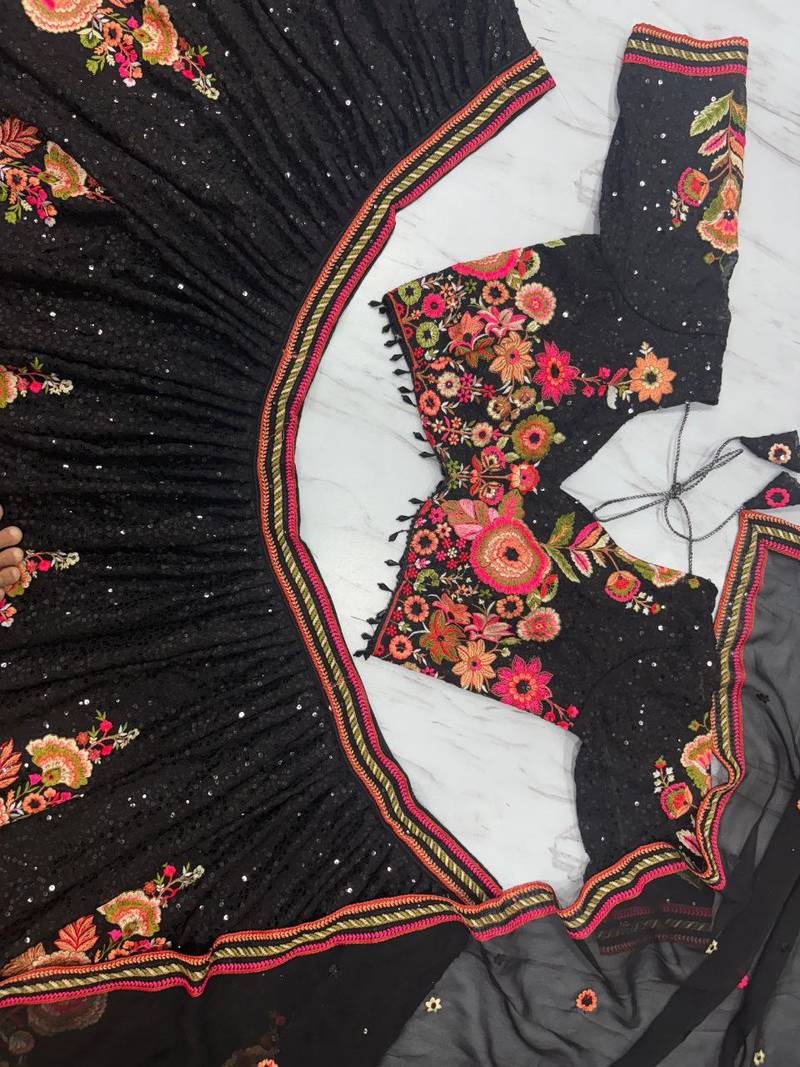 Black Color Thread Embroidery And Sequins Work Faux Georgette Lehenga Choli