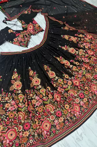 Black Color Thread Embroidery And Sequins Work Faux Georgette Lehenga Choli