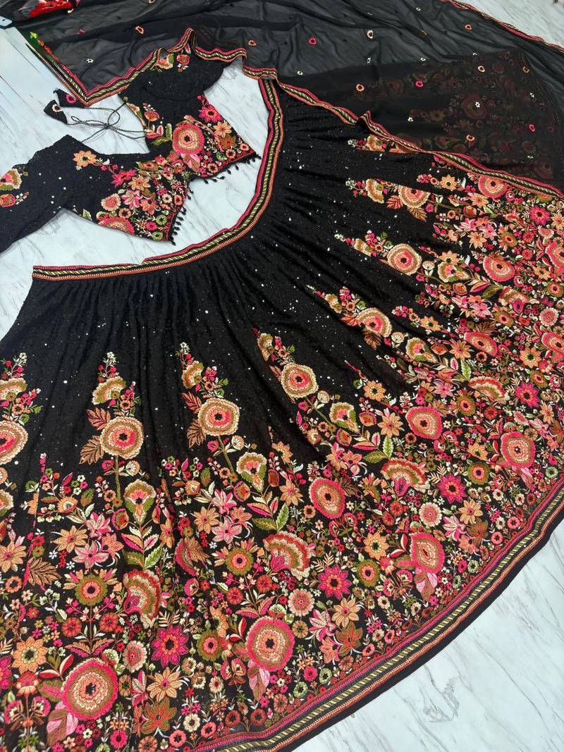 Black Color Thread Embroidery And Sequins Work Faux Georgette Lehenga Choli
