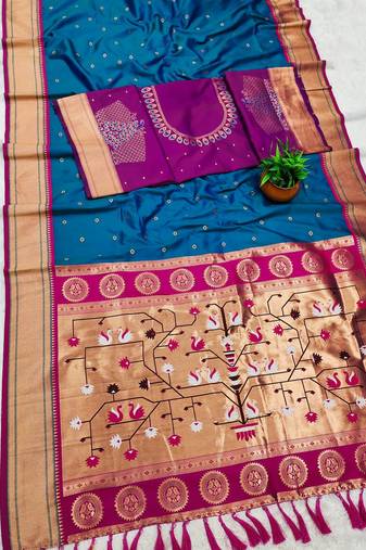 Teal Color Heavy Paithani Silk Traditional Saree