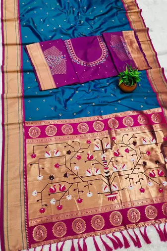Teal Color Heavy Paithani Silk Traditional Saree