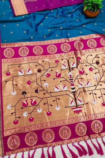 Teal Color Heavy Paithani Silk Traditional Saree