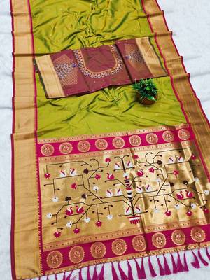 Parrot Green Color Heavy Paithani Silk Traditional Saree 1