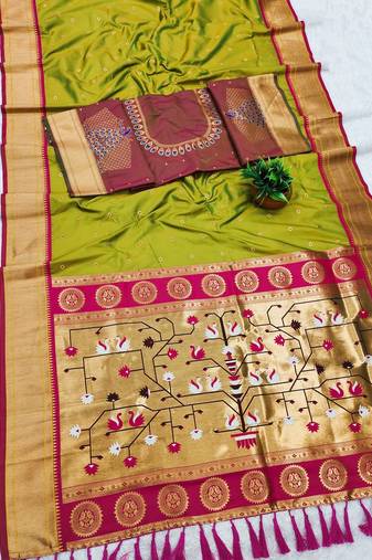 Parrot Green Color Heavy Paithani Silk Traditional Saree