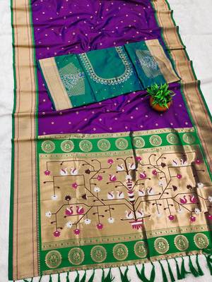 Dark Plum Color Heavy Paithani Silk Traditional Saree 1