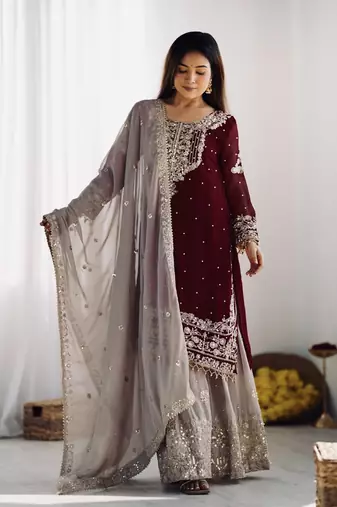 Sequins Work Suit Set With Palazzo