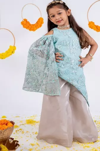 Blue embroidered organza kurta set