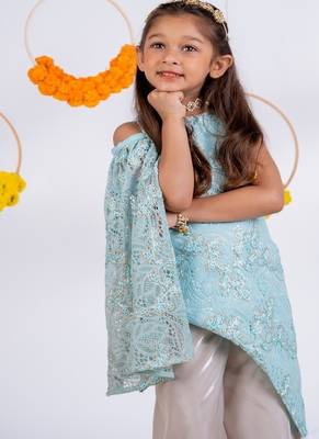 Blue embroidered organza kurta set 3