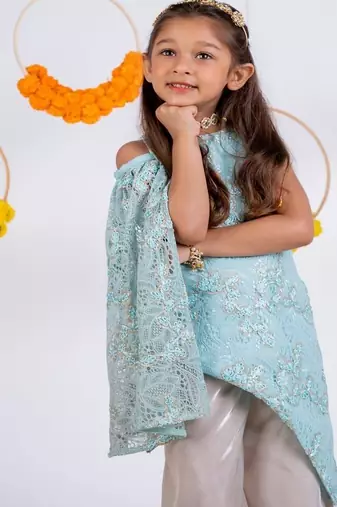 Blue embroidered organza kurta set