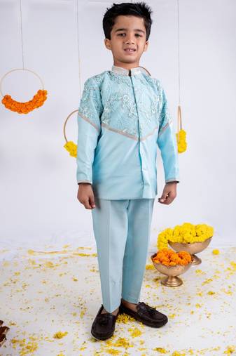 Blue embroidered cotton silk kurta pyjama