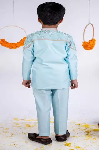 Blue embroidered cotton silk kurta pyjama