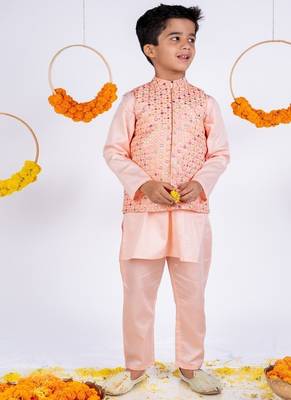 Peach embroidered cotton silk nehru jacket set 1