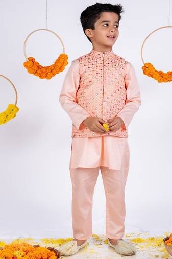 Peach embroidered cotton silk nehru jacket set