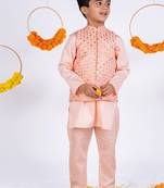 Peach embroidered cotton silk nehru jacket set