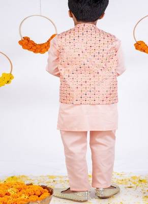 Peach embroidered cotton silk nehru jacket set 2