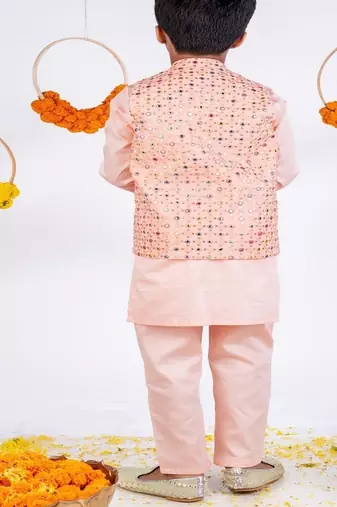 Peach embroidered cotton silk nehru jacket set