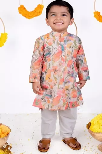 Multicolor printed cotton silk kurta pyjama