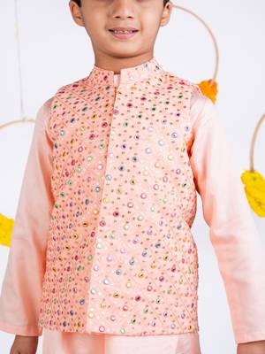 Peach embroidered cotton silk nehru jacket set 4