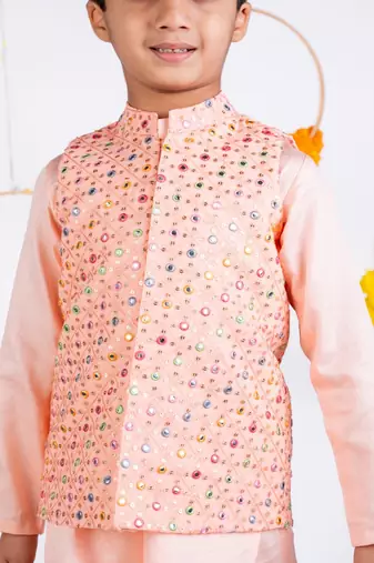 Peach embroidered cotton silk nehru jacket set