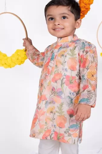 Multicolor printed cotton silk kurta pyjama