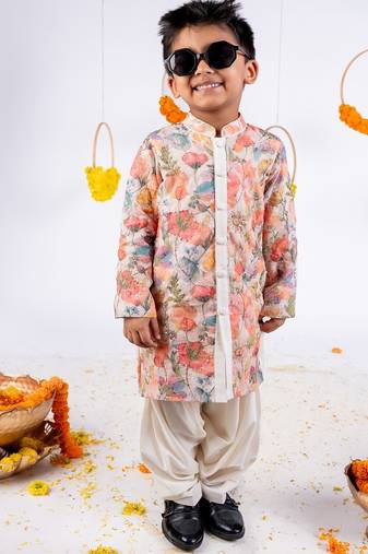 Multicolor printed cotton silk kurta pyjama