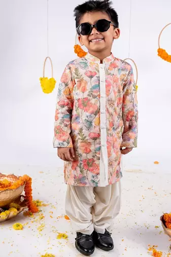 Multicolor printed cotton silk kurta pyjama