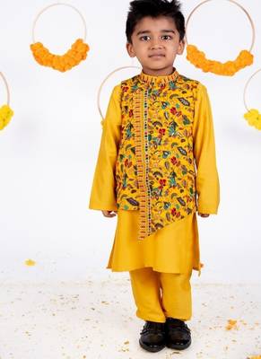 Yellow embroidered cotton nehru jacket set 1