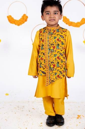 Yellow embroidered cotton nehru jacket set